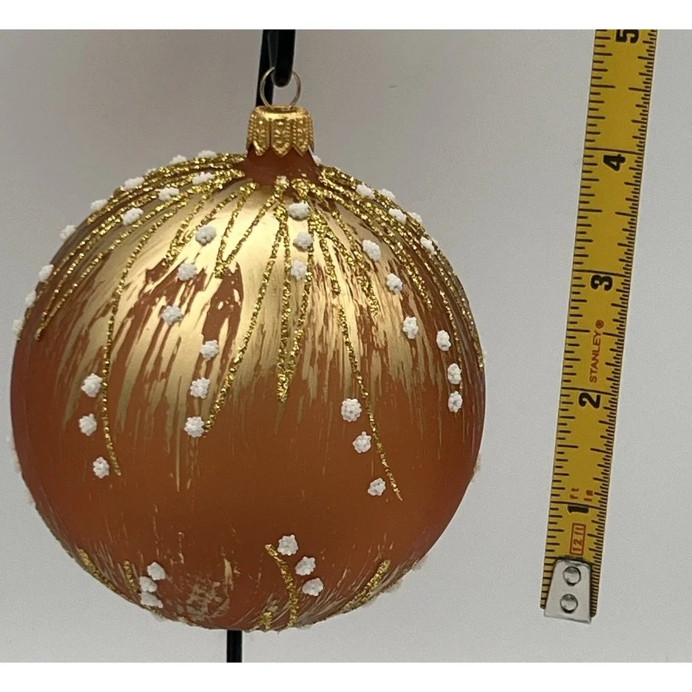 Orange Blown Glass Christmas Ornament Snow Falling Gold Glitter Made in Romania